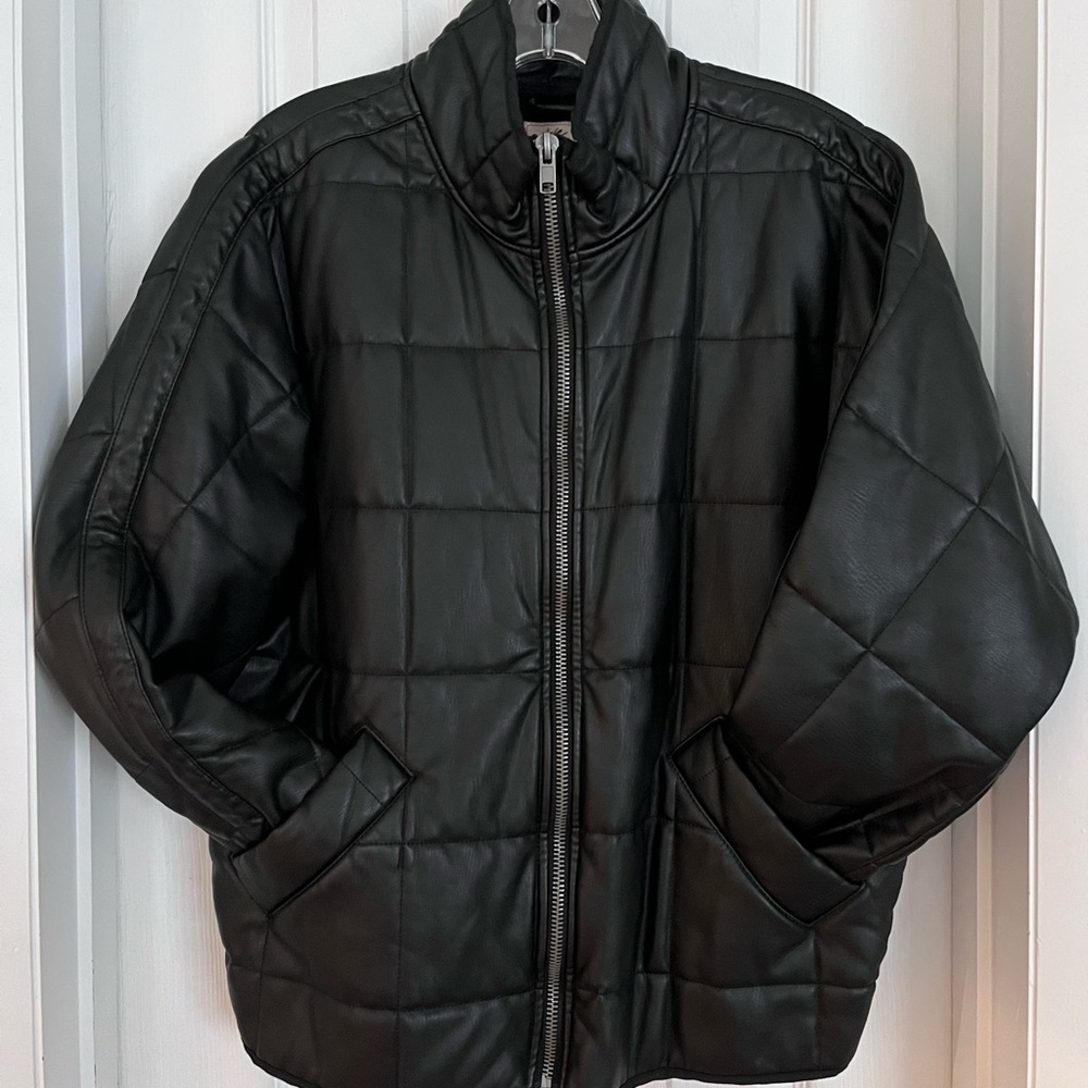 We The Free faux Black Leather Jacket Stand-Up Collar
